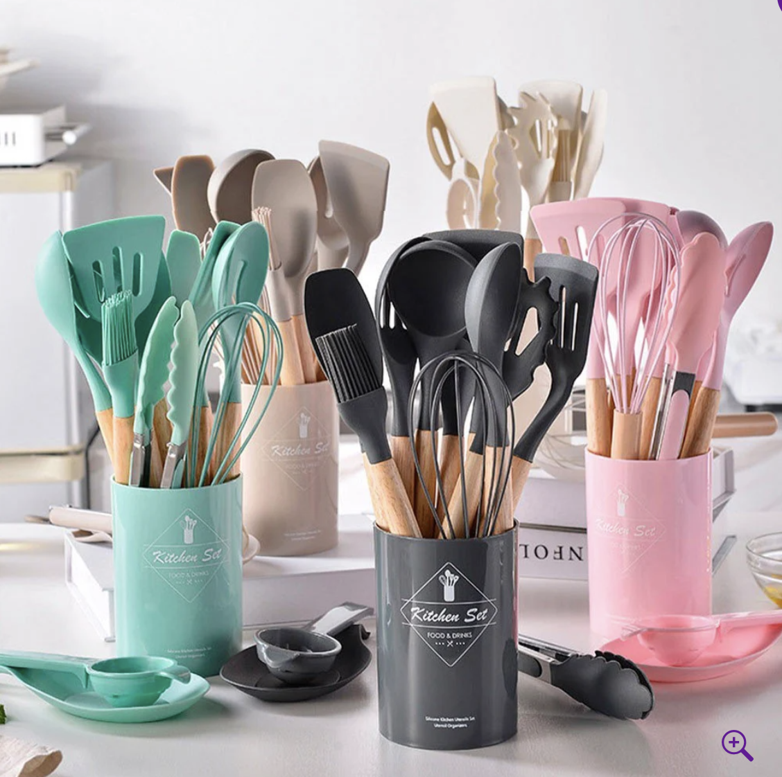 Kitchen Set Premium — jogo de 12 utensílios de silicone com cabo de madeira